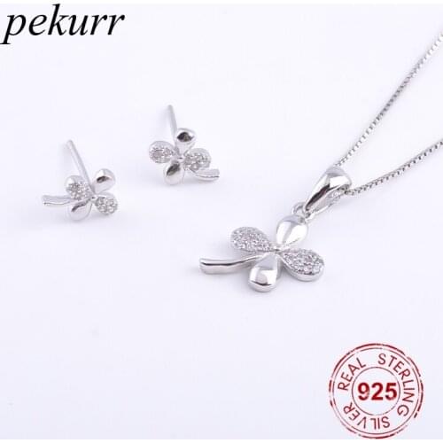 Pekurr 925 Sterling Silver Crystal Four Leaf Clover Earrings Necklace Sets For Women Lucky Leaf Pendants Jewelry Sets