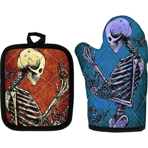 Skull Couple Baking Gloves Insulation Mat Gothic Skeleton Pattern Microwave Oven Cooking Mitts Potholder Kitchen Baking BBQ Tool