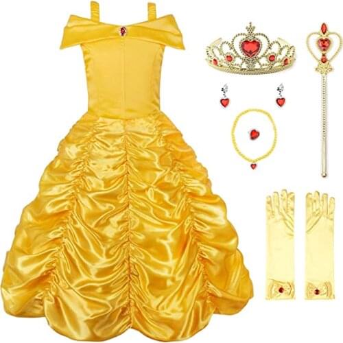 Princess Dress For Girls Cosplay Bell Snow Queen Elsa Costume Halloween Clothes Birthday Party Kids Dresses With Crown Set