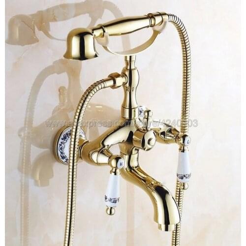 Polished Gold Brass Tub Faucet Wall Mounted Mixer Tap Ceramic Handles With Hand Shower Ktf411