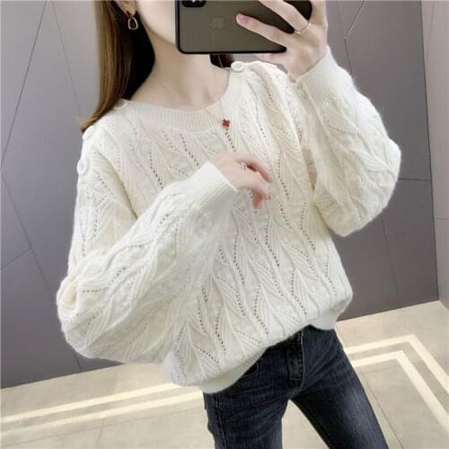 21060 (No. 4, row 7, room 1) real shot solid color round neck button hollow Pullover Sweater 48