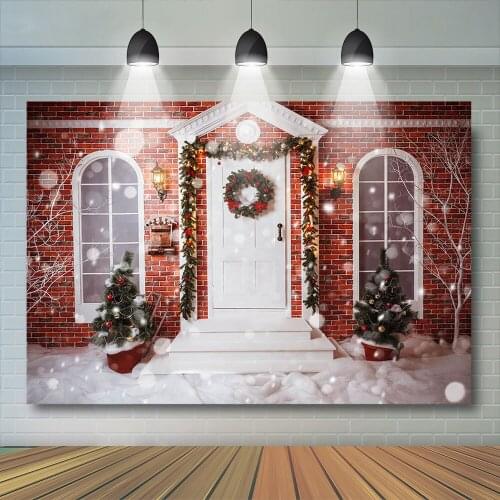 Christmas House Party Background Snowflake Door Trees Backdrop Decoration Snowfield Warm Party Photography Photocall