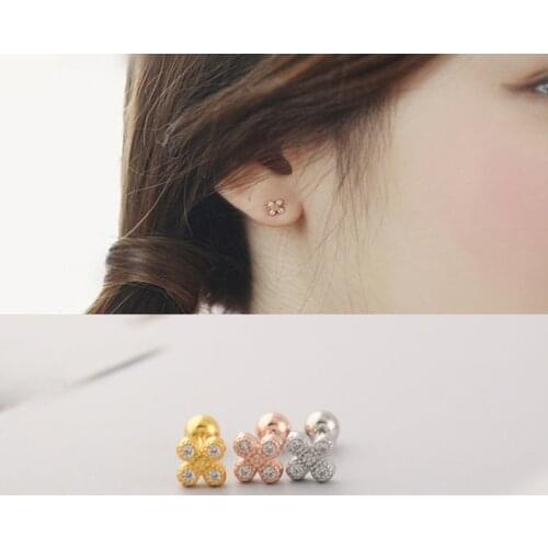 925 Sterling Silver Earring Mini Five-Petal Flower Zircon Screw Stud Earring Leaf Sweet Cute Ear Bone Nail Female Girl Ear Jewel