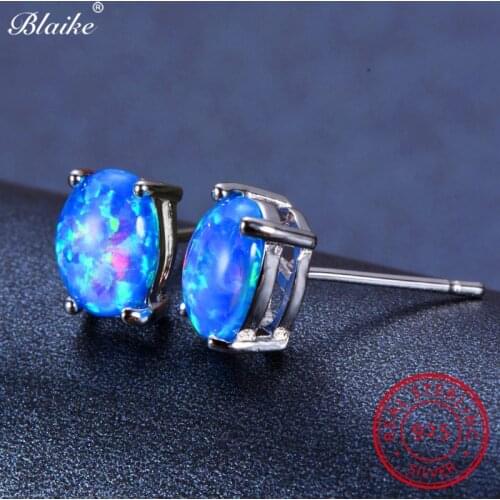 Blaike 100% Genuine 925 Sterling Silver Oval Blue Fire Opal Stud Earrings For Women Fine Jewelry Fashion Birthstone Earring Gift