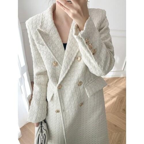 Woollen Coat Womens Middle Long New Korean Spring Dress High-grade Tweed Suit Collar Temperament Thin Tweed Coat