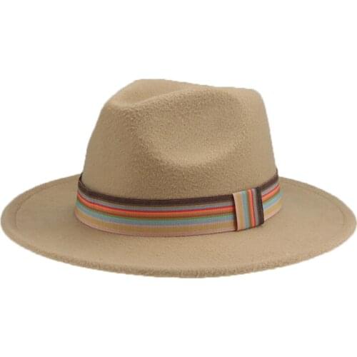 Fedoras Hats Women Ribbon Band Belt Wide Brim Beige White Felted Hats British Elegant Fascinator Winter Hat Sombreros De Mujer
