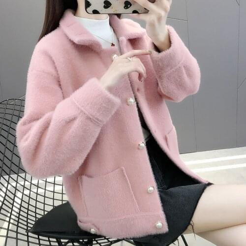 Women Fashion Faux Mink Fur Coat Female Turn Down Collar Thick Warm Sweater Coats Ladies Solid Casual Knitted Coat X503