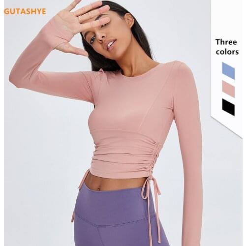 GUTASHYE Sport Top Women Push-up Yoga Pullover Fitness Sportwear Double Lace Up Gym Shirt Long Sleeve Workout Running Crop Top