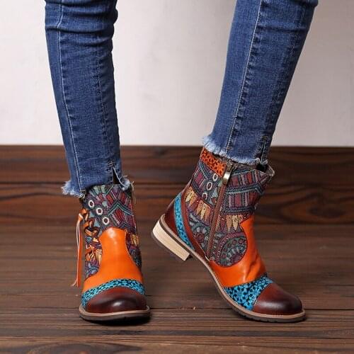 Vintage Ladies Fashion Boots PU Fringed Cross Tied Print Patchwork Zipper Low Heel Womens Ankle Boots Floral Boots Bohemian