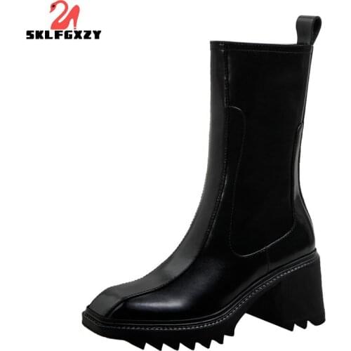 2021 New Genuine Leather Fashion Modern Boots Women Square Toe High Heels Boots Western Autumn Winter Platform Non-slip Boots