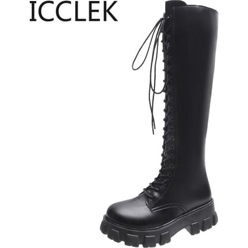 Chunky Platform Pu Leather Knee High Boots Women Punk Increasing Long Woman Lace Up Booties Mujer 2021 Zip Chelsea women shoes