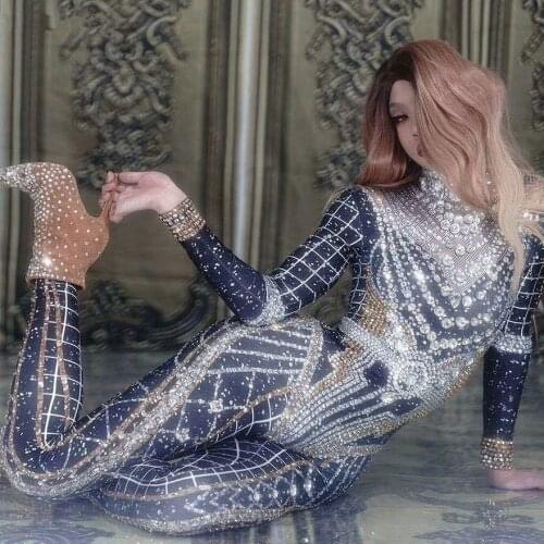 Sparkly Rhinestone Crystal Jumpsuit Women Long Sleeve Spandex Nightclub Bar Prom Party Outfit Singer Jazz Dance Stage Costume