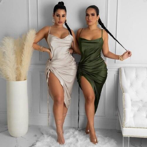 Women Dresses Summer 2020 Party Club Ruched Satin Drawstring Spaghetti Straps Sleeveless Sexy Vestidos Backless Long Dress