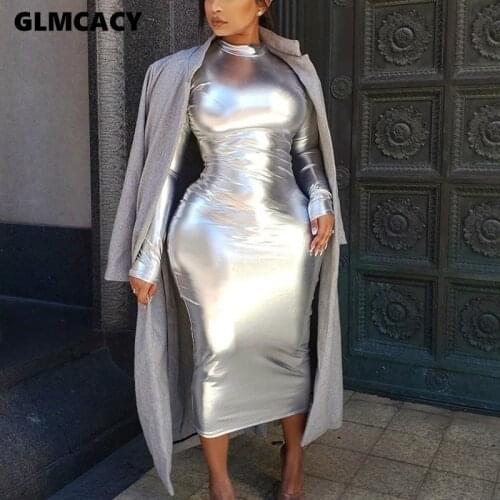 Women Turtleneck Sexy PU Leather Dress Office Ladies Pencil Dress O Neck Long Sleeve Black Bodycon Vestidos