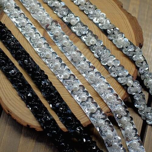 1.2cm Black White Pearl Bead Beaded Trims Lace Ribbon Fabric Clothes Decoration Wedding Dress Collar Sleeve Lace Applique Crafts