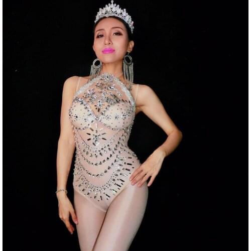 Shining Rhinestones Bodysuit Sexy Mesh Perspective Clothes Bling Glass Stones Jumpsuit Female DJ Singer Bar Party Stage Costumes