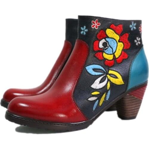 Women Boots Retro Genuine Leather Splicing 6-8CM Thick High Heel Zipper Dress Short Boots Ladies Shoes printing Women Shoes