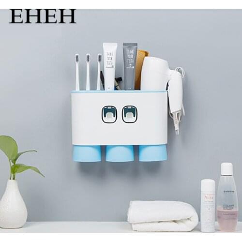 EHEH Automatic Toothpaste Dispenser Toothbrush Holder with Cups Wall Mount Stand Bathroom Toothpaste Squeezer Set