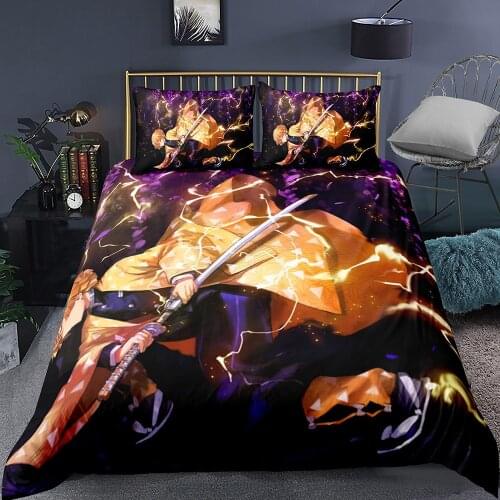 Anime Demon Slayer Comforter Bedding Set Duvet Cover Set 3D Print Demon Blade Bed Quilt Cover Pillowcase (No Sheets) Queen King