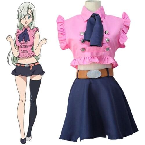 The Seven Deadly Sins Cosplay Elizabeth Liones Costume Full Uniform Set Dress Halloween Party Wear (Top+Skirt+Bow tie+Belt)