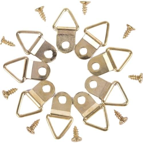 Hot 100Pcs Golden Picture Hangers Brass Triangle Photo Picture Frame Wall Mount Hanger Hook Ring Iron