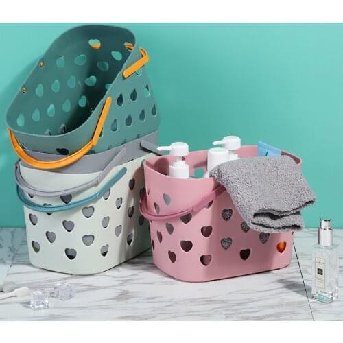 Multifunctional Portable Bath Basket Shower Storage Box with Handle Sundries Bathroom Heart-shaped Hollow Wash Household