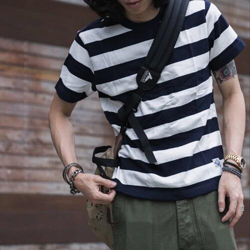 Non Stock Heavyweight 100% Cotton Vintage Wide Striped Prisoner Motorcycle Short Sleeve T-Shirt Mens T-Shirts