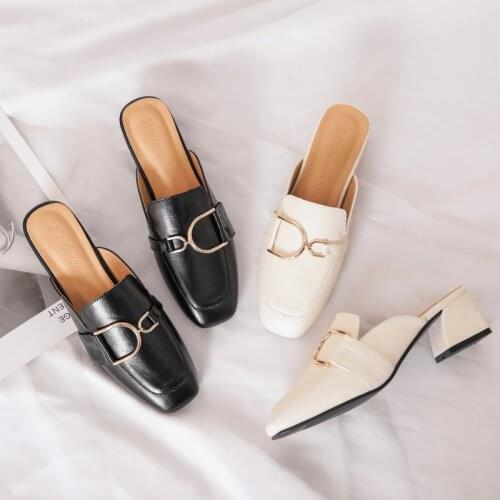Block Low Heels Mule Shoes Women Gold Buckle Leather Square Toe Slip on Mules Casual Black Slippers Women Ladies Slides JJ126