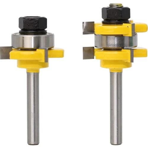 2pcs/set 1/4" Shank 3 Blades T Type Tongue Groove Router Bit Set Woodworking Mortise Knife Tenon Solid Carbide End Mill Cutter