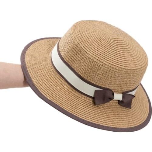 New Summer Womens Boater Beach Hat Wide side Female Casual Panama Hat Lady Classic Flat Bowknot Straw Sun Hat Women Fedora