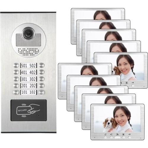 Wired 7" Video Door Phone Intercom Apartments House Doorbell Multi Unit Access RFID System 1 Camera 10 Monitor