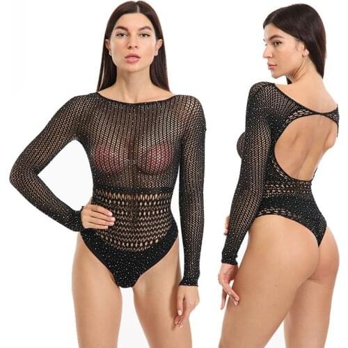Sexy and Fashionable Black Lace Bodysuit, Thin Hollow See-through Backless Erotic Underwear Suit, Female Net Gauze Clothing