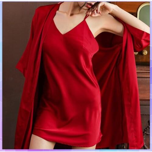 Silk Satin Pajamas Sets Women 2Pc Sleepwear Dresses Suit Summer Spring Autumn Home Wear Nightwear Robe Gown Two-Piece Robes