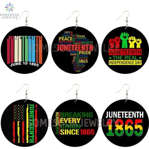 SOMESOOR Juneteenth 1865 Black Free-ish Wooden Drop Earrings American Real Independence Day Design Printed Loops For Women Gifts