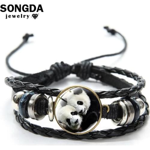 SONGDA Super Cute Comic Panda Crystal Glass Charm Bracelet Classic Black Handwoven Leather Bracelet for Girl Kids Animal Jewelry