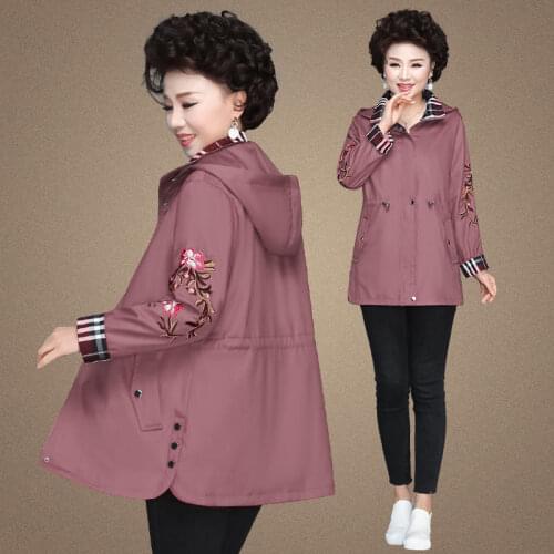 Spring Autumn Coat Middle-aged Mothers Loose Stitching Embroidery Women Hooded Trench Outwear Plus size 5XL Casual Female Coats