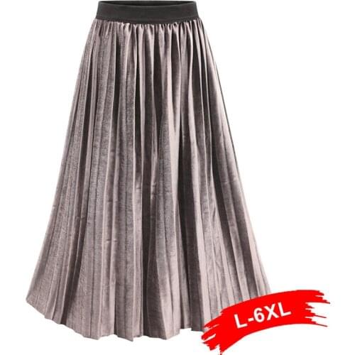 Plus Size Velvet High Waist Long Pleated Skirt 3Xl 4Xl Spring Large Size Midi Christmas Skirt Female Casual Women Bottom