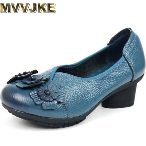 MVVJKE Retro Style Handmade Genuine Leather Shoes Women Thick With Heels Flowers Pumps Round Toe High Heels Plus Size35-42 E161