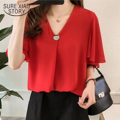 2021 Korean Style Loose Plus Size M-4XL Short Sleeve Solid Color Womens Tops and Blouses Ruffle Chiffon Blouse Women 9312 50