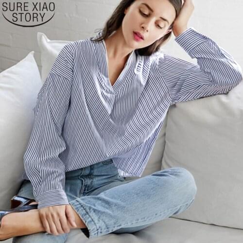 Women Blue Striped Blouse 2021 Spring Summer Lace Shirts Plus Size V-neck Bow Loose Long Sleeve Womens Tops and Blouses 9471 50