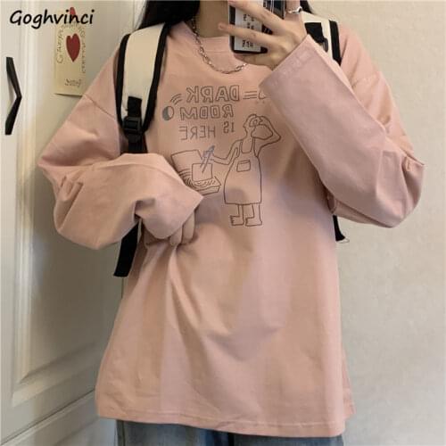 Women Long Sleeve T-shirts Cartoon Print Casual Comfortable Loose O-neck Korean Style Fashion Student Streetwear All-match Chic