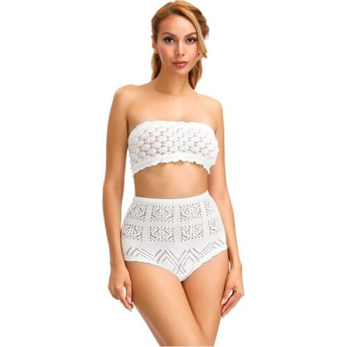Women Kinitting Crochet Bikinis set Girls' Swimsuit Beachwear Crop Top with High Waist Bottom