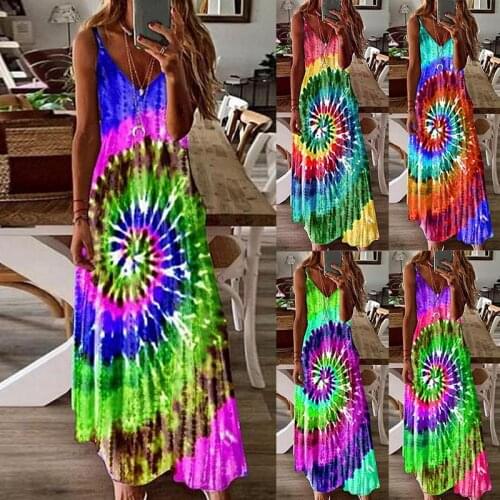 Women Summer Sling Dress Sexy Deep V-neck Sleeveless Tie Dye Printed Maxi Dress Plus Size Beach Dress Sun-dresses Party Dress