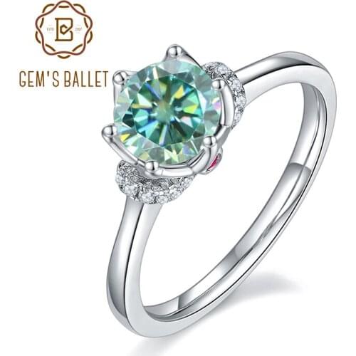 GEMS BALLET 1.0Ct Round Moissanite Engagement Ring with Surprise Stones 925 Sterling Silver Green Moissanite Ring For Women