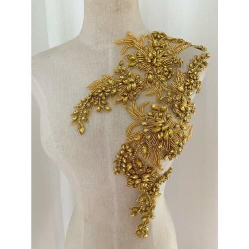 Gold Rhinestone Applique For Couture Costume Bridal Dress Deluxe Bead Florals Applique For Haute Couture