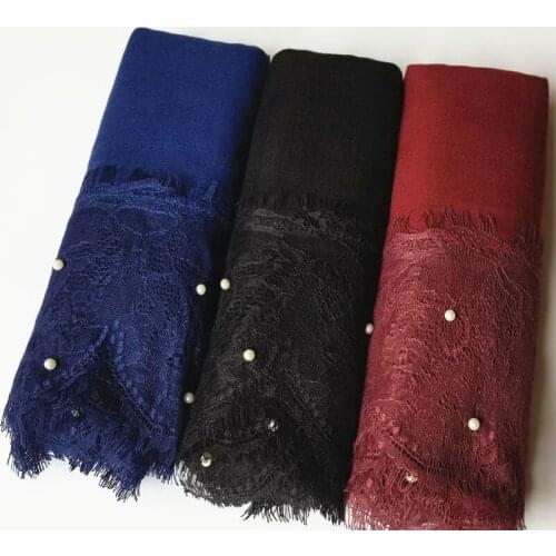 2018 Hot Sale Plain Color Lace Pearl Scarves Shawls Women Fashion Muslim Lurex Wrap Hijab Foulard 30 Color Free Shipping