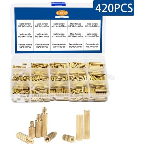 420PCS/Boxt Brass Round Standoff M2x6mm-20mm Male-Female Female-Female Spacing Screws For Motherboard PCB Standoff Assorted Kit