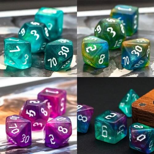 7Pcs/Set DND Dice Set Glitter Sickle Font Polyhedral Dice D4 D6 D8 D10 D% D12 D20 for Warhammer Role Play Board Game MTG D&D RPG