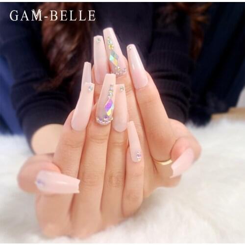 GAM-BELLE Nude Long Coffin Fake Nails With AB Rhinestones Design Artificial Press On Nail Tips Full Nail Art Decoration Tools