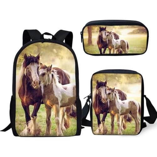 HaoYun Fashion 3PCs Set Backpacks Cute Horse Pattern Kids School Book Bags Set Cartoon Students Backpack/Flaps Bags/Pen Bags